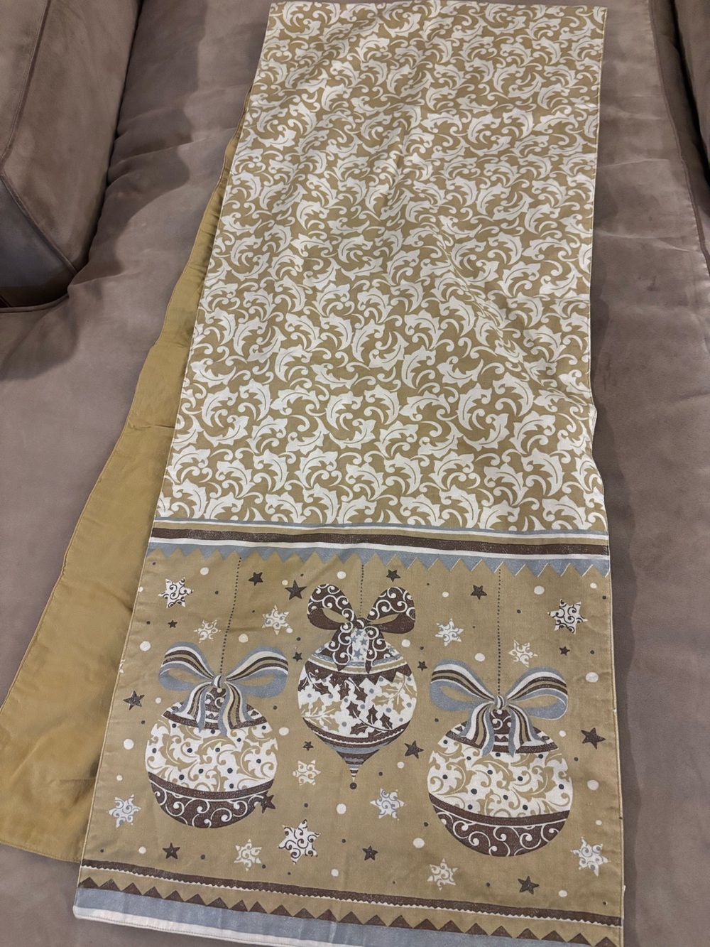 World Market Christmas Ornament Table Runner 16x90 Tan Brown Holiday Vintage Sty